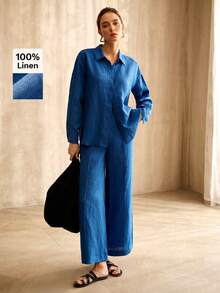 MOTF PREMIUM WOMEN'S LINEN COMFORTABLE WIDE LEG CROPPED PANTS - Blue - View 1