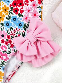 SHEIN Young Girl Knitted Floral Pattern Cute Bow One-Piece Swimsuit - Multicolor - View 4