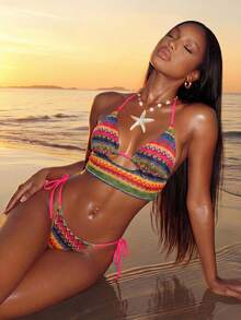 Slaydiva 新款春夏纹理针织性感抽绳沙滩度假吊带上衣和阔腿裤两件套泳衣套装（女款） - 彩色 - 查看 2