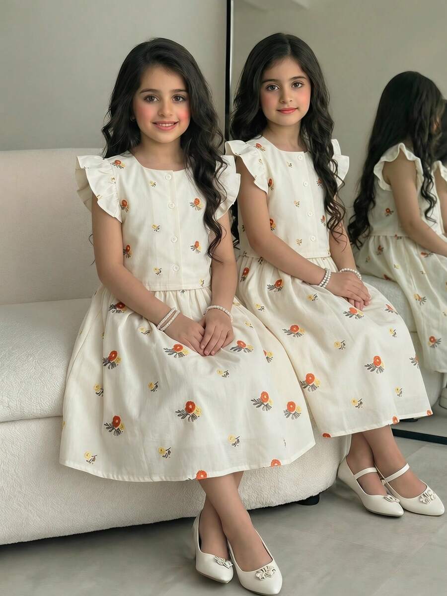 Young Girl Casual Round Neck Ditsy Floral Sleeveless Top And Mini Skirt Set,Elegant 2-Piece Outfit For School,Parties,Gatherings,Spring/Summer - Multicolor - View 1
