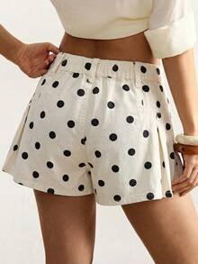 Bohemela Women's Polka Dot Print Pocket Button Denim Shorts - Black and White - View 2
