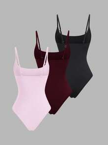 Sweetra Set de 3 bodys de mujer de ajuste ceñido, cuello de pico, unicolor, en albaricoque, marrón café y negro, de moda versátil europea y americana para primavera/verano - Multicolor - Ver 2