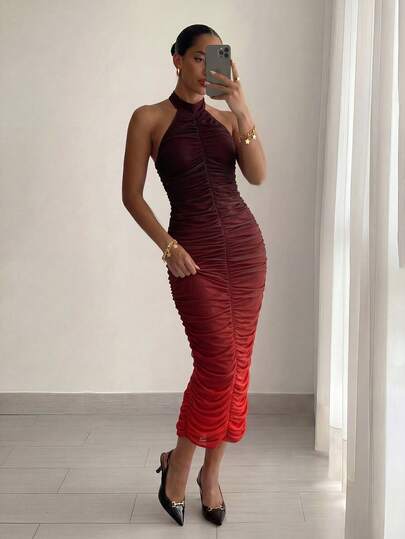 Elenzga Đầm midi ôm sát dáng dài mùa hè dành cho nữ, cổ yếm, màu đỏ ombre, chất liệu lưới, xếp ly, gợi cảm, xẻ tà, thích hợp cho các buổi tiệc tối, hẹn hò, du lịch, lễ tốt nghiệp, các bữa tiệc.