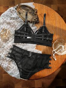 Divavoom 2pcs Set Bra Tanpa Kawat Motif Renda Patchwork Ukuran Plus - Hitam - View 3