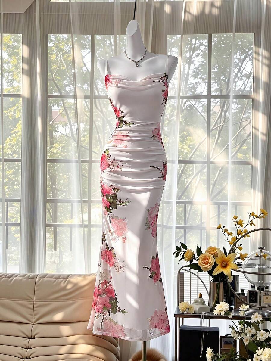 Celisse Đầm in hoa lãng mạn cho kỳ nghỉ, chất liệu lưới. - Đỏ và trắng - Xem 1