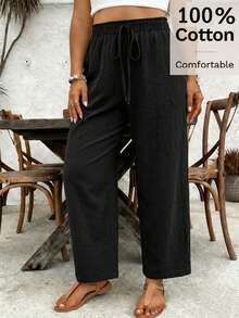 SHEIN VCAY Plus Size Women Solid Color Drawstring Waist Casual Versatile Daily Wear Pants Cotton Pants Women Linen Pants Women High Waist Loose Pants For Women Casual Pants For Women Wide Leg Pants Women - Black - View 1
