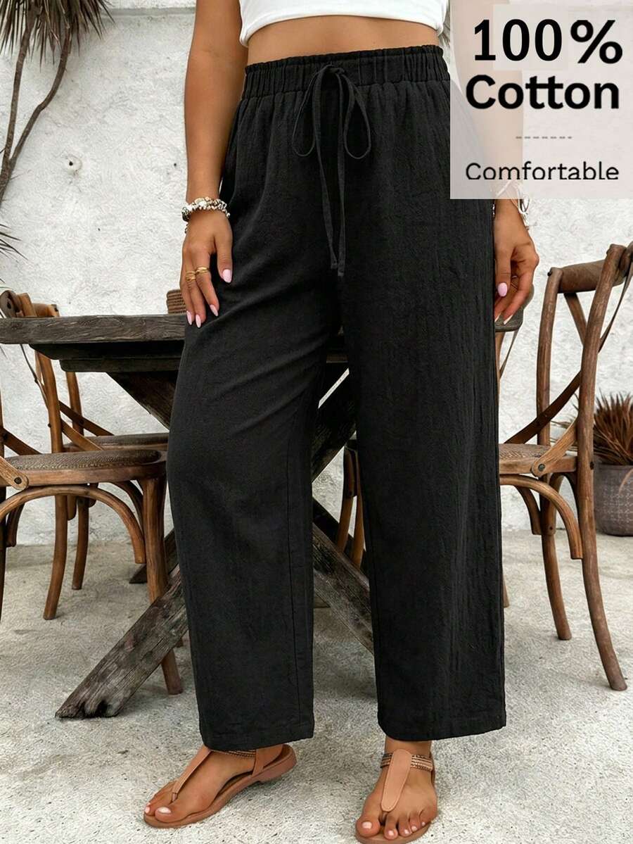 SHEIN VCAY Plus Size Women Solid Color Drawstring Waist Casual Versatile Daily Wear Pants Cotton Pants Women Linen Pants Women High Waist Loose Pants For Women Casual Pants For Women Wide Leg Pants Women - Black - View 1
