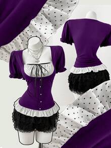 Sunspun Áo thun ngắn tay phối chấm bi cổ điển, áo cổ tròn đa năng tôn dáng với tay phồng, áo crop top đen ôm sát gợi cảm, áo thun phối chấm bi nghệ thuật dành cho nữ, áo tank top không tay đa năng. - Màu tím - Xem 1