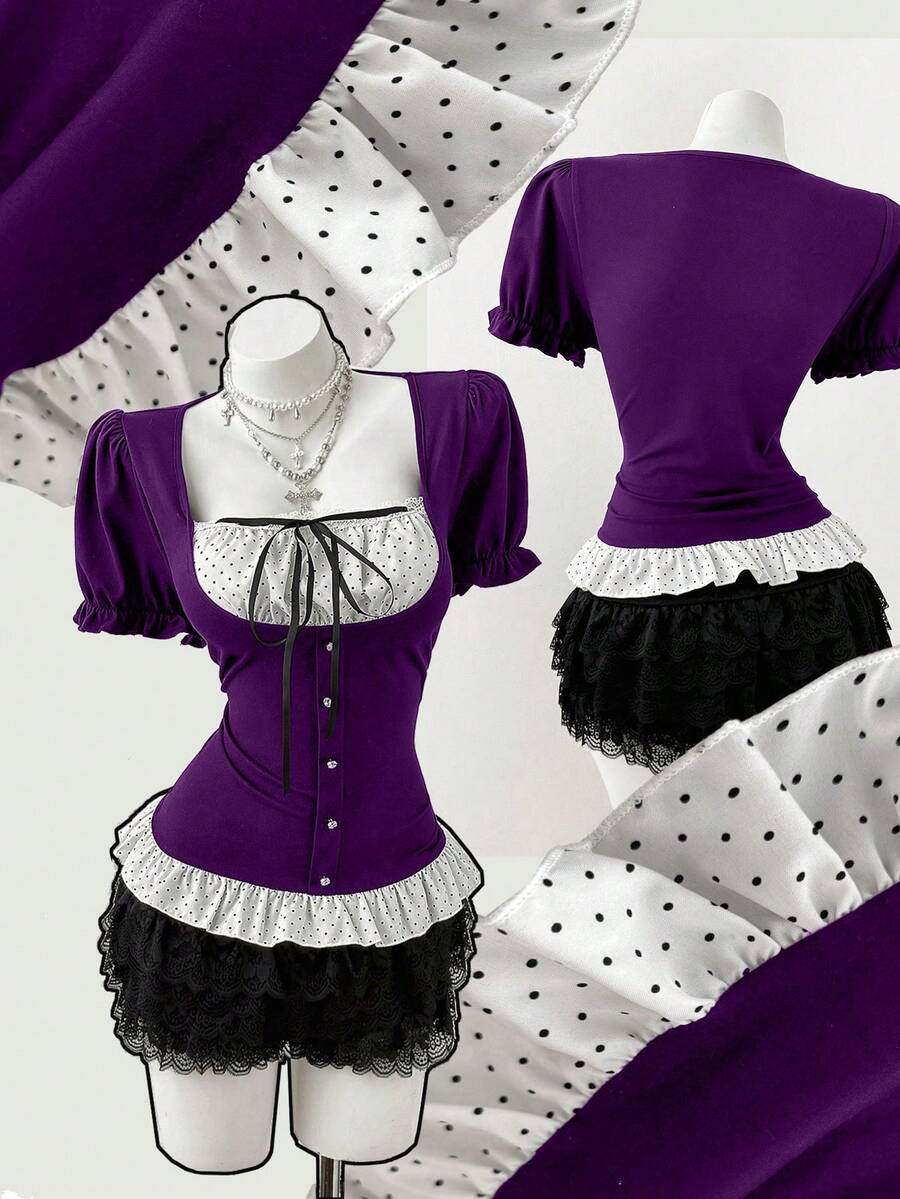 Sunspun Áo thun ngắn tay phối chấm bi cổ điển, áo cổ tròn đa năng tôn dáng với tay phồng, áo crop top đen ôm sát gợi cảm, áo thun phối chấm bi nghệ thuật dành cho nữ, áo tank top không tay đa năng. - Màu tím - Xem 1