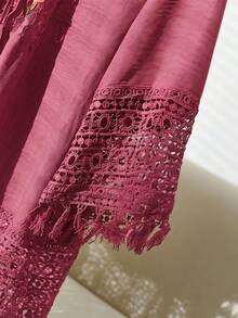 CosyJoli Blusa holgada con puños de encaje y flecos para mujer de talla grande - Rosa Fucsia - Ver 4