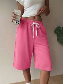 Muchica 紫红色抽绳腰带休闲加大码女式短裤 - 玫紅色 - 查看 1