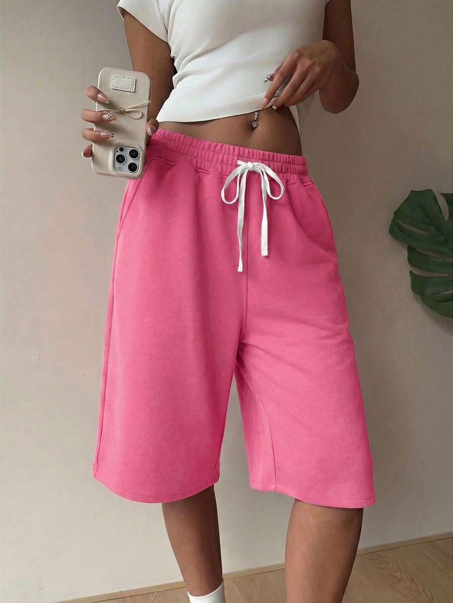 Muchica 紫红色抽绳腰带休闲加大码女式短裤 - 玫紅色 - 查看 1