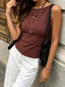 Cévolie Women's Summer Solid Color Minimalist Sexy Backless Halter Camisole - Rust Brown - View 5