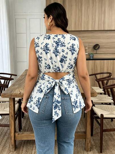 Vionelle Áo kiểu nữ cỡ lớn họa tiết hoa xanh trắng không tay ôm eo, thắt nơ sau lưng, dáng regular fit, mùa xuân/hè.