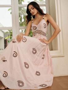 Anewsta Đầm nữ mùa hè màu hồng nhạt thêu ren họa tiết vỏ sò, thắt eo. - Màu Hồng baby - Xem 1