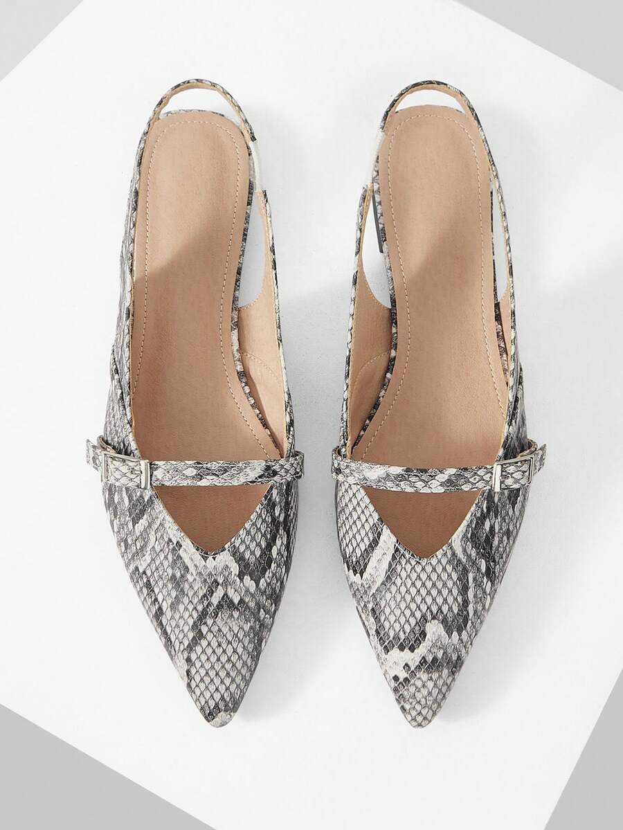 Mnmlis Zapatos planos de mujer con diseño de patrón de serpiente, hebilla de metal, cómodos y de suela blanda para uso diario - Negro - Ver 1