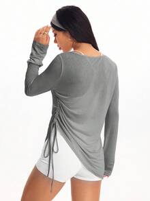 Eassivo Eassivo Women's Casual Solid Color Side Drawstring Long Sleeve Sports T-Shirt, Autumn Workout Shirts For Women Work Out Cover Up Top Loose Tops Blouse Gym - Grey - View 7