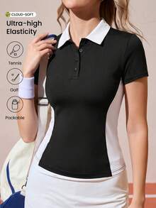 CourtClass CourtClass Women's Contrast Color Polo Collar Short Sleeve Golf Polo Shirt - Black and White - View 1