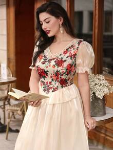 Auvina Plus Size Women's Spring/Summer Palace Style Vacation Dress, Elegant For Wedding, Birthday Party, Cocktail Party, Afternoon Tea Gathering Champagne - Multicolor - View 1