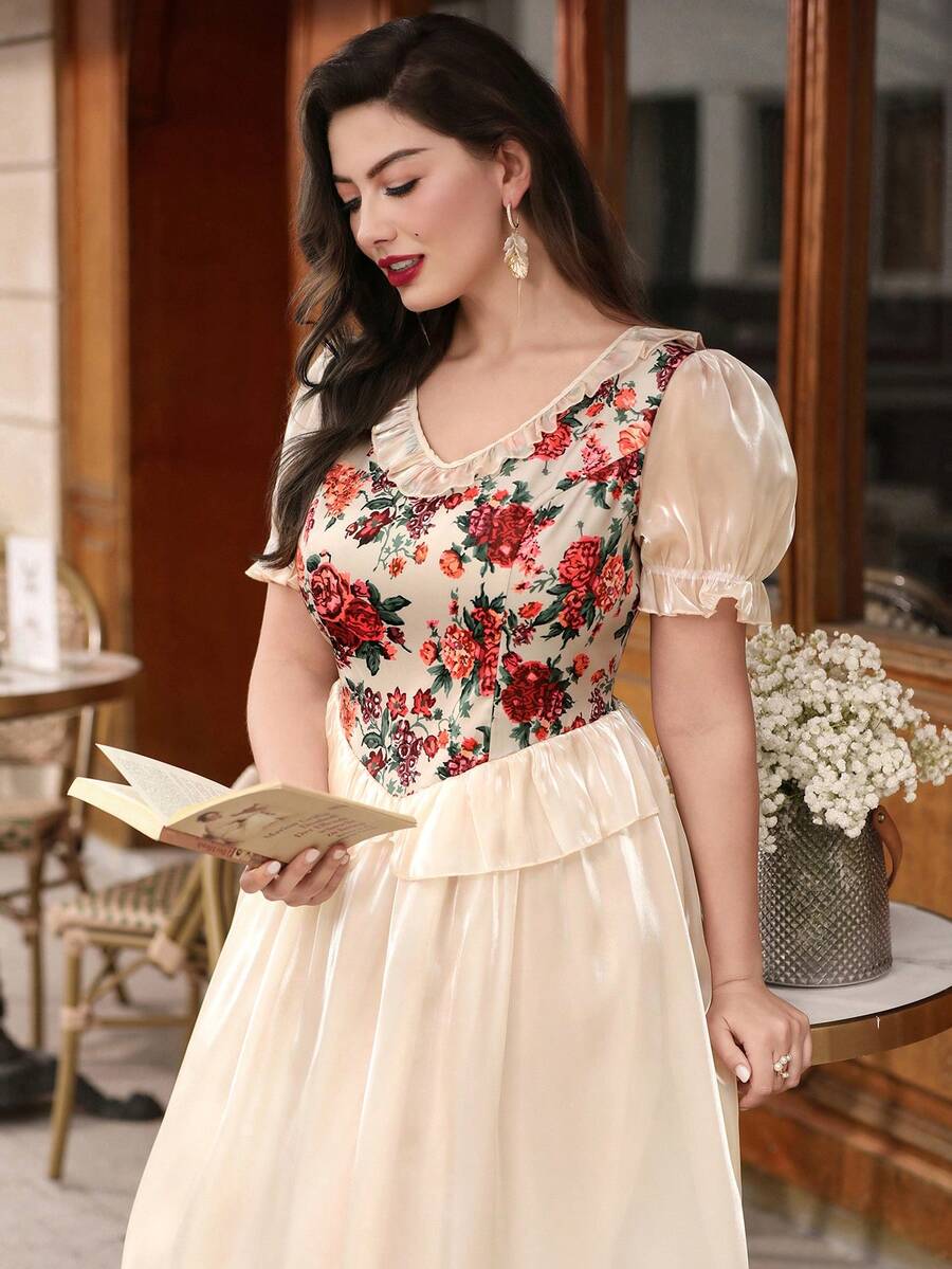 Auvina Plus Size Women's Spring/Summer Palace Style Vacation Dress, Elegant For Wedding, Birthday Party, Cocktail Party, Afternoon Tea Gathering Champagne - Multicolor - View 1
