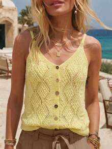 Franclia Lightweight Hollow-Out Knit Sleeveless V-Neck Vest Top, Retro Waistcoat For Summer - Light Yellow - View 6