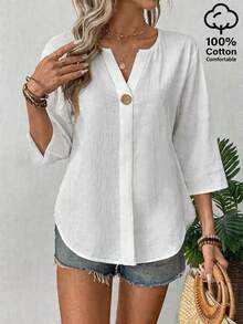 EMERY ROSE Women's Solid Color V-Neck 3/4 Sleeve Casual Shirt - White - View 1