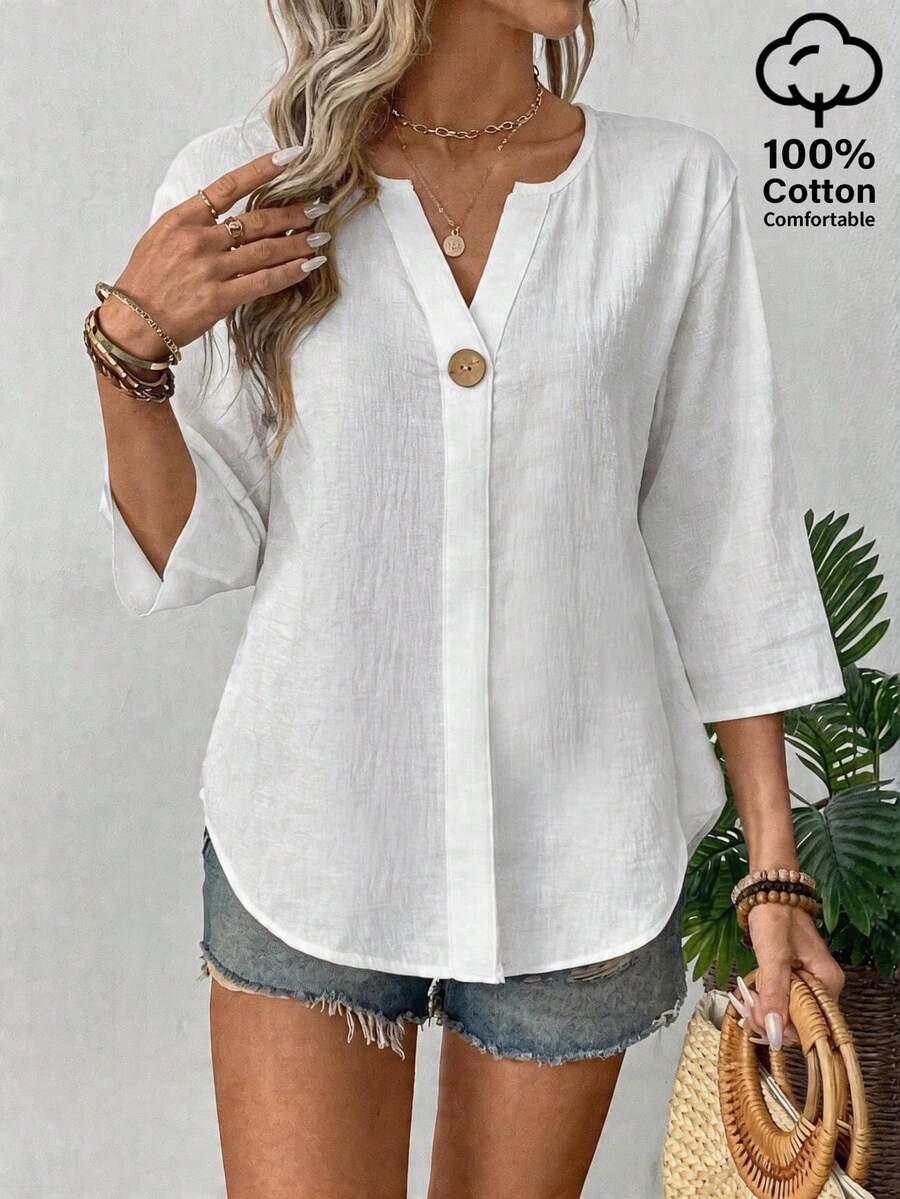 EMERY ROSE Women's Solid Color V-Neck 3/4 Sleeve Casual Shirt - White - View 1