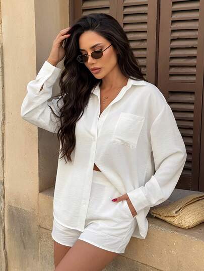 SHEIN Damen Weißes Hemd in Loose Fit und High Waist Shorts Set - Langarm Gürtel Zweiteiler