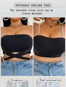 Plus Size Wireless Bra, Thin Comfortable Front Closure Gather Lift Pearl Strap Bra, 1pc Strapless Bra For Plus Size Plus Size Bra - Black - View 6