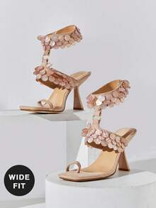 SHUZIA Wide Fit Ladies Minimalist Ankle Strap Stiletto Heel Sandals With Shell Ornaments - Beige - View 6