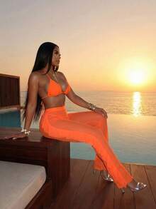 Slaydiva Bộ bikini gợi cảm cho kỳ nghỉ biển năm 2026 + Quần co giãn xếp ly độc đáo, Bộ 3 món gợi cảm, Bộ 3 món thanh lịch, Bộ 3 món cho kỳ nghỉ biển. - Màu Cam cháy - Xem 4