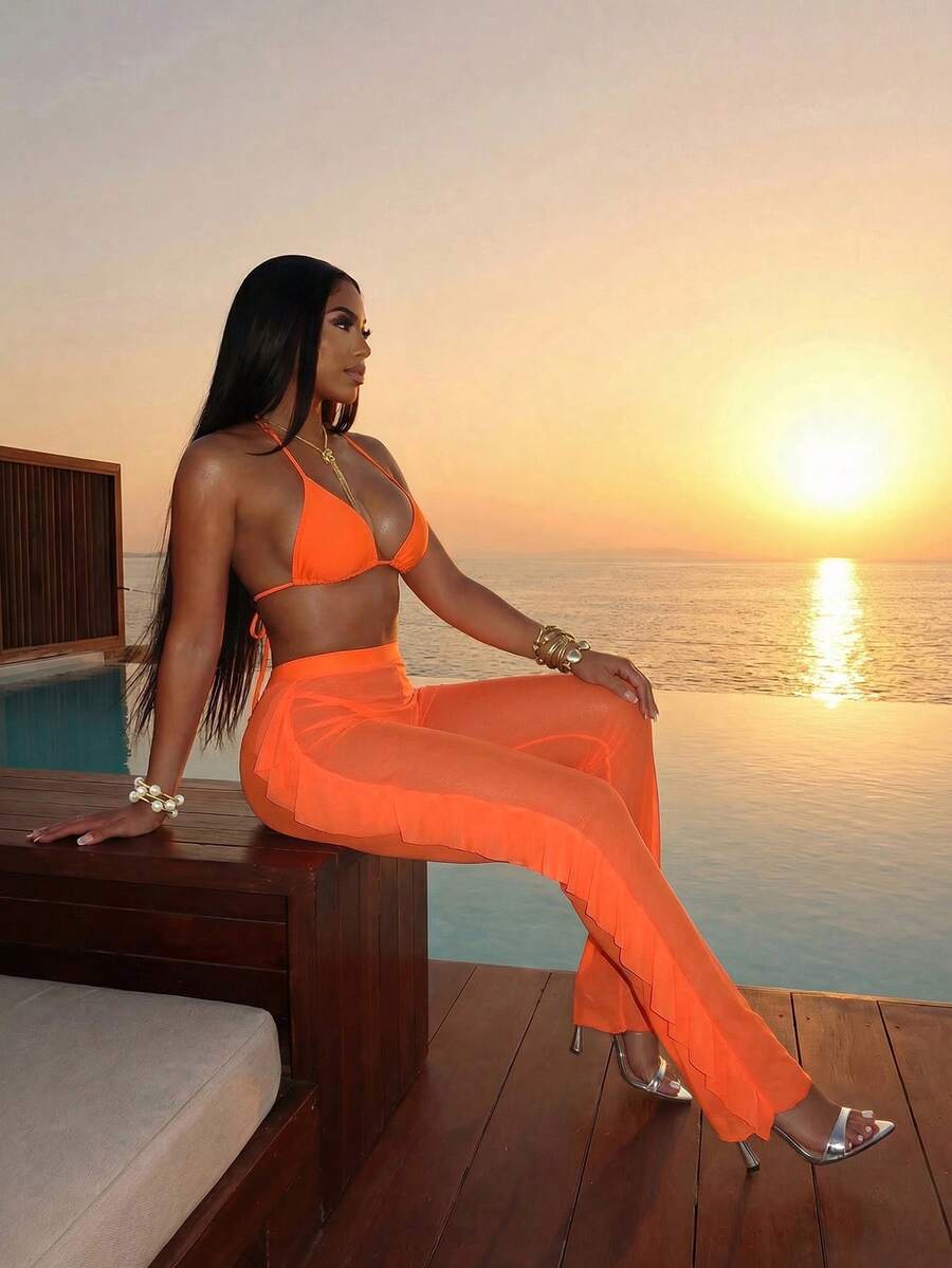 Slaydiva Conjunto de 3 piezas de bikini casual de playa sexy + pantalones transparentes con volantes elásticos únicos, conjunto de 3 piezas sexy, conjunto de 3 piezas elegante, conjunto de 3 piezas para vacaciones de playa, traje de baño para vacaciones de verano - Naranja Quemada - Ver 1