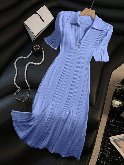 Franclia 女士优雅法式休闲复古温柔通勤时尚设计节日约会度假拍照Polo领短袖花卉纽扣罗纹修身修身浅蓝色长款加大码毛衣连衣裙