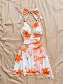 Soleia Đầm ngắn gợi cảm kiểu vintage ombre cổ chữ V buộc dây bằng vải lưới xếp ly bất đối xứng, thích hợp cho kỳ nghỉ của phụ nữ. - trái cam - Xem 6