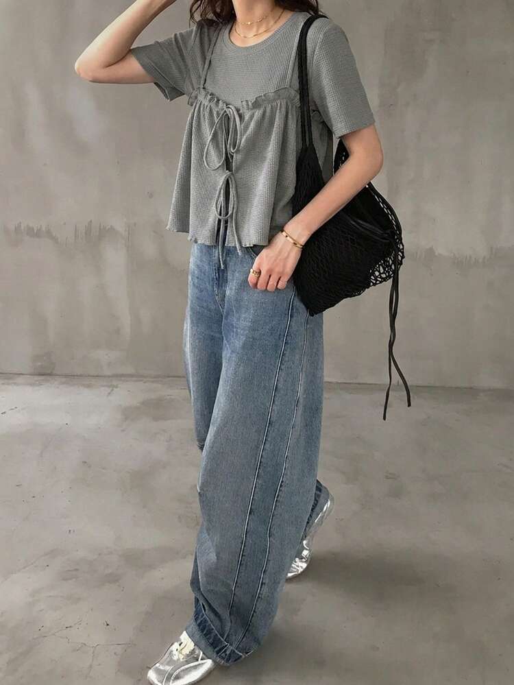 FRIFUL 女士两件套，宽松圆领短袖，系带蝴蝶结褶皱荷叶边家居服套装 - 灰色 - 查看 4