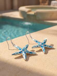 SHEIN Swim 1 Pair Beach Vacation Style Blue Starfish Crystal Decorated Pendant Earrings For Women, Versatile Daily Wear And Gift - Blue - View 14
