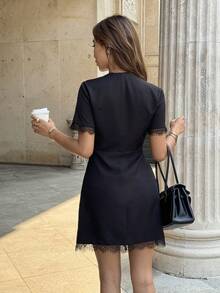 SHEIN PariChic Đầm ngắn phối ren kiểu Pháp thanh lịch, thích hợp cho những buổi đi chơi hàng ngày vào mùa hè. - màu đen - Xem 2