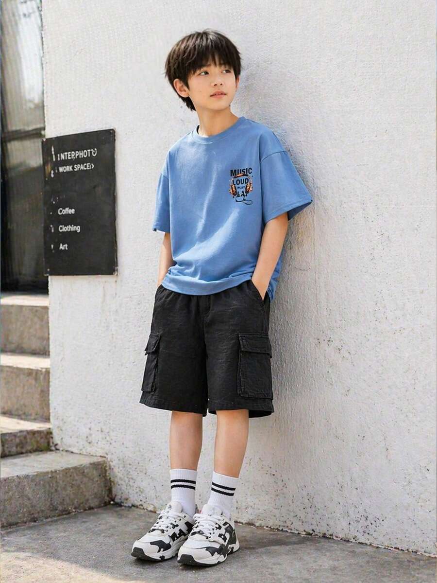 青少年男孩字母印花短袖休闲T恤 - 淺藍色 - 查看 1