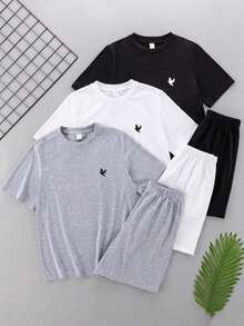 SHEIN 6件套青少年男童休闲宽松纯色及鸟类印花短袖上衣和短裤套装 - 白色 - 查看 2