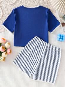 2pcs/Set Tween GirlsSummer Ribbed Ruffle Trim Short Sleeve Round Neck Top + Printed Striped Shorts Casual Outfit - Royal Blue - View 2