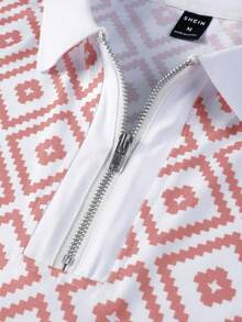 Manfinity Homme Polo a maniche corte da uomo con stampa geometrica e design con chiusura lampo - Rosa - Visualizzare 6