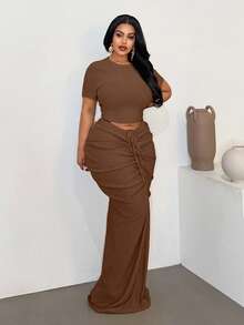 Maweii Plus Size Sexy Fitted Beach Ruched Skirt Set - Brown - View 4
