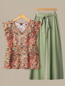 Linhara Bộ đồ 2 mảnh dành cho nữ cỡ lớn, họa tiết hoa Paisley nhiều màu sắc, cổ chữ V, tay bồng và quần ống rộng màu trơn có dây rút. - màu xanh lá - Xem 1