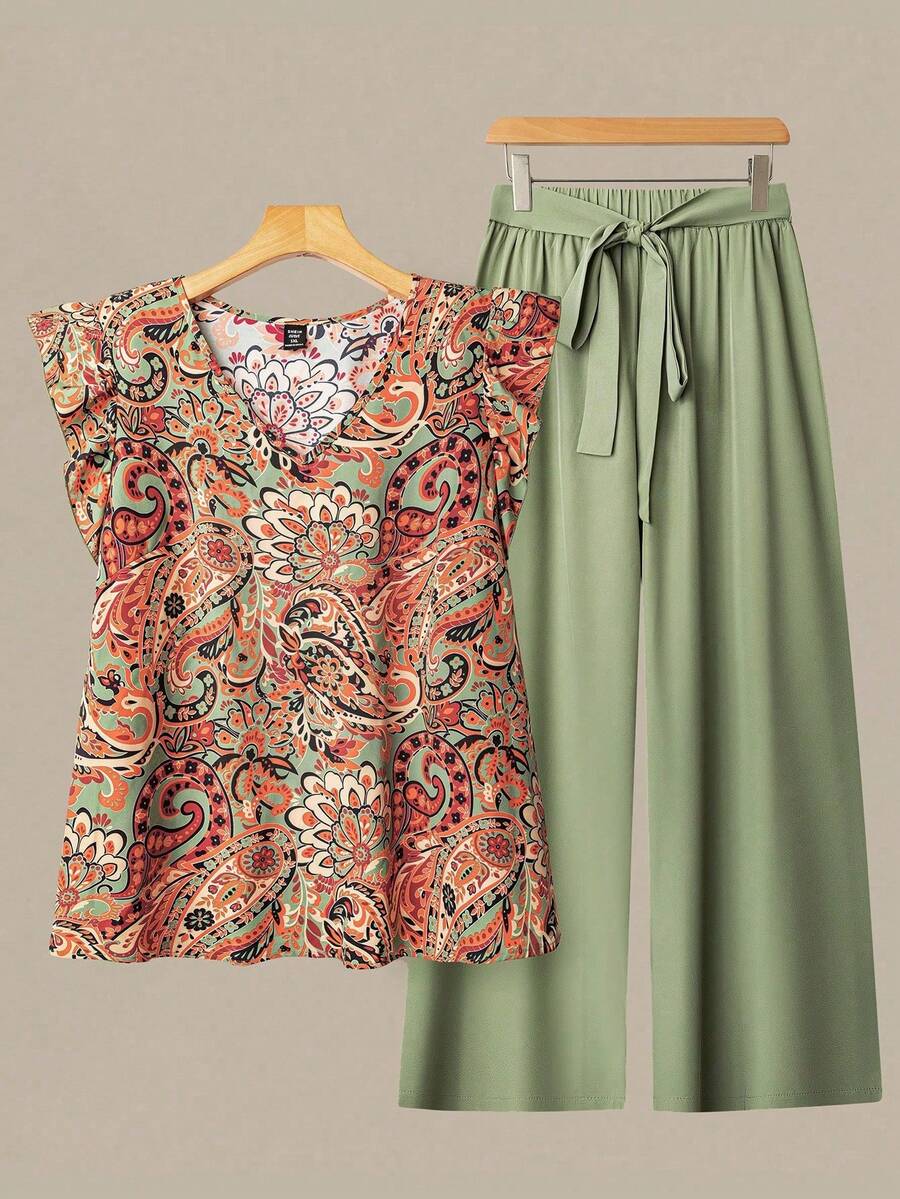 Linhara Bộ đồ 2 mảnh dành cho nữ cỡ lớn, họa tiết hoa Paisley nhiều màu sắc, cổ chữ V, tay bồng và quần ống rộng màu trơn có dây rút. - màu xanh lá - Xem 1