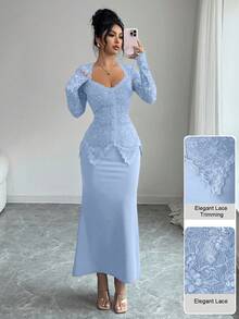 Modelyn Lace Patchwork Collared Button Waist Fitted Midi Dress For Women - Blue - View 6