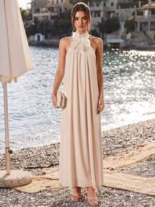 Enchnt Women's White Floral Summer Elegant Wedding Guest Apricot Halter Backless Solid Color 3D Floral Vacation Dress,Stylish&Elegant For Holiday&Date - Apricot - View 8