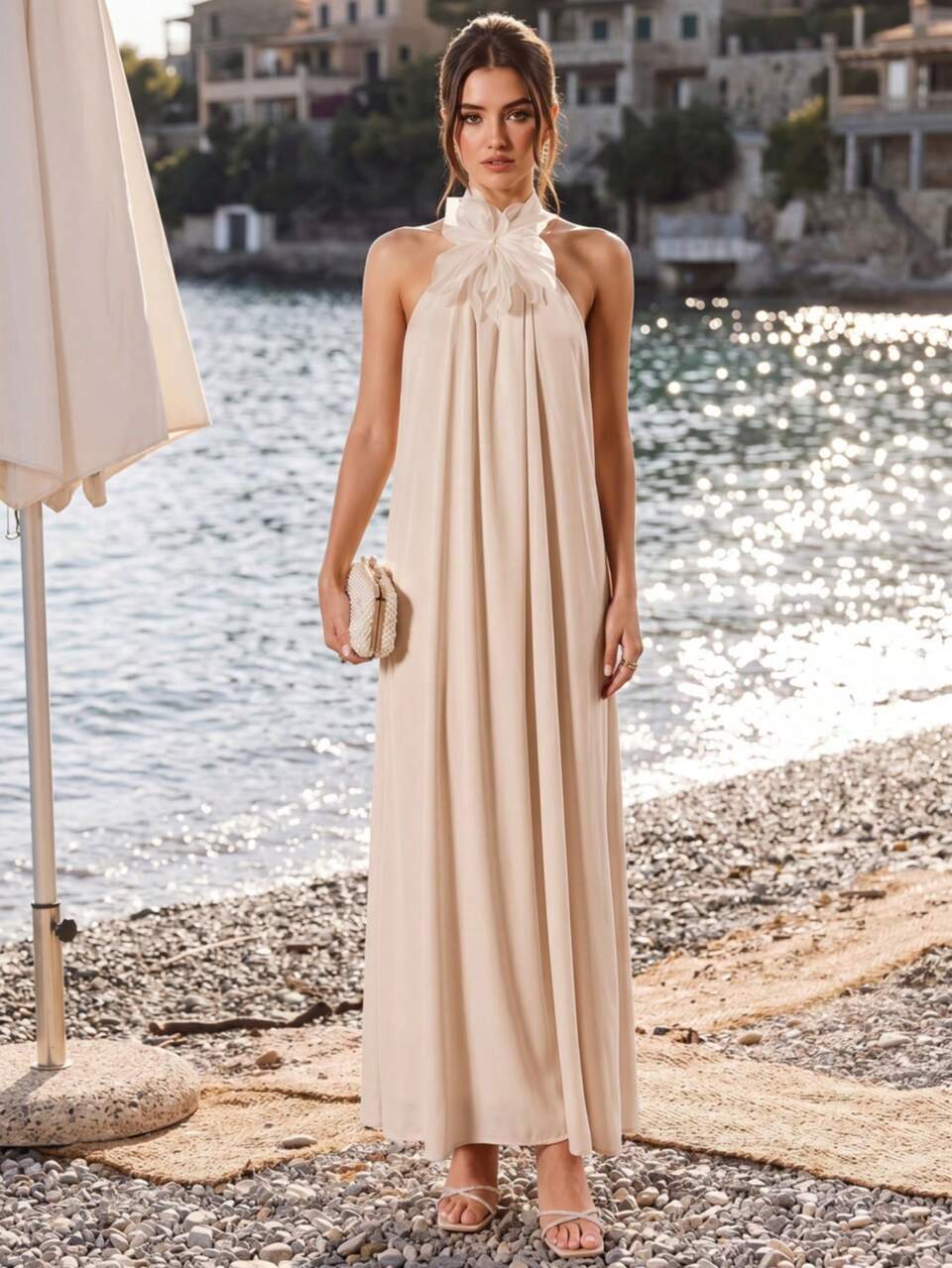 Enchnt Women's White Floral Summer Elegant Wedding Guest Apricot Halter Backless Solid Color 3D Floral Vacation Dress,Stylish&Elegant For Holiday&Date