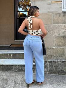 高腰闊腿牛仔褲 - 淺色水洗藍 - 查看 2