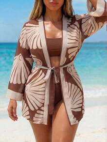 Swim Lushoire Plus Size Women Belted Printed Casual Vacation Beach Cardigan Jacket - Brown - View 3