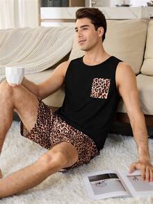 CoupledUp Bộ đồ ngủ nam in họa tiết da báo gồm áo không tay và quần short có túi, kiểu dáng thường ngày. - màu đen - Xem 5